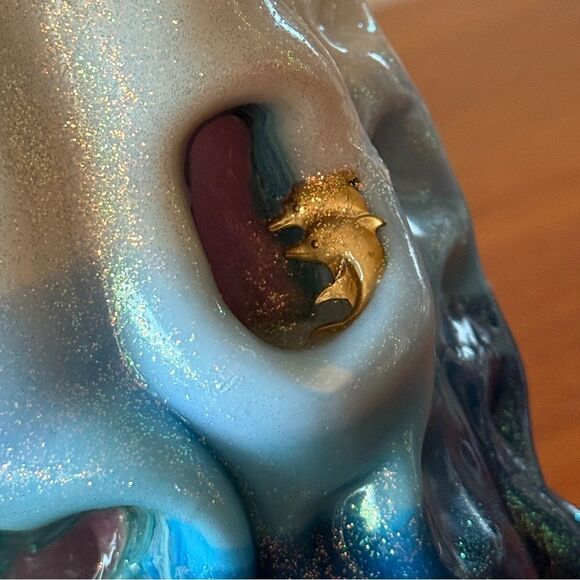 Candies Creations Oceanic Nautical Blue Carved Candle With Seashells Dolphins - Picture 9 of 15